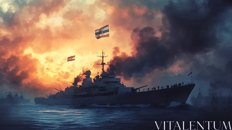 Warship advances through dense smoke against incendiary sky