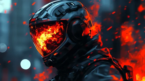 Inferno-helmed sentinel strides through ember-drowned dusk.