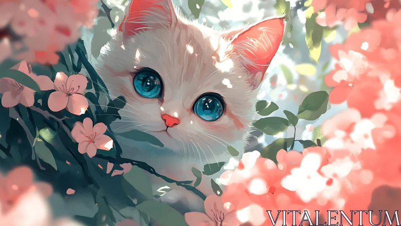 White Cat with Turquoise Eyes Surrounded by Coral Flowers