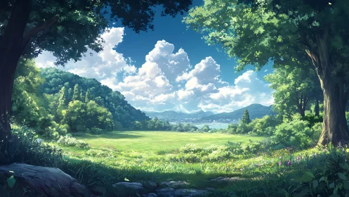 Verdant Valley Forest Clearing with Mountain Vista.