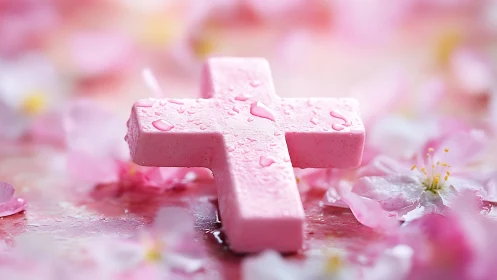 Pink cross rests among wet cherry blossom petals