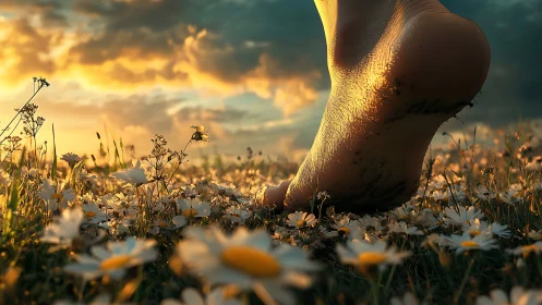 Macro-lit bare foot traversing daisy meadow at sunset.