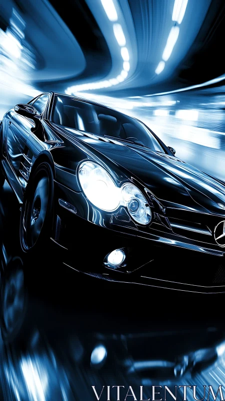 Sports car moves through illuminated tunnel with motion trails