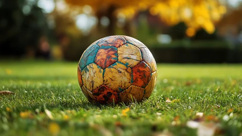 Weathered multicolor soccer ball on grass in soft focus park.