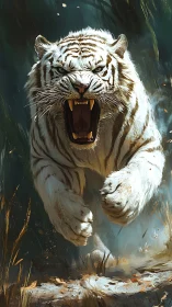 Roaring white tiger charges forward in dense forest.