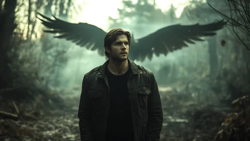 Moody forest wanderer aligned with dark spectral wing form