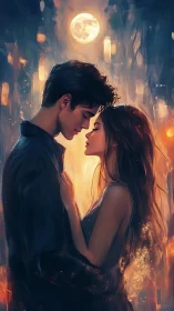 Two figures positioned closely beneath illuminated moon with urban architecture background.