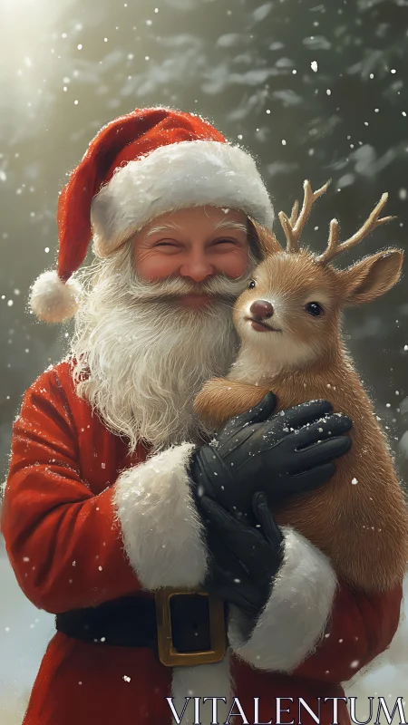 Santa figure in red coat holding small reindeer outdoors.