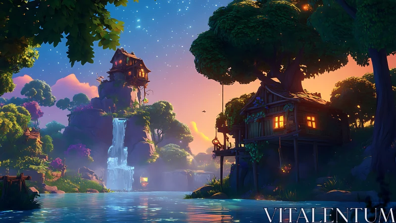 Illuminated treehouse structure positioned near cascading waterfall