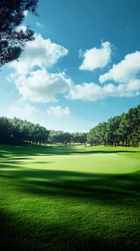 Sunlit championship fairway framed by dense pine treeline