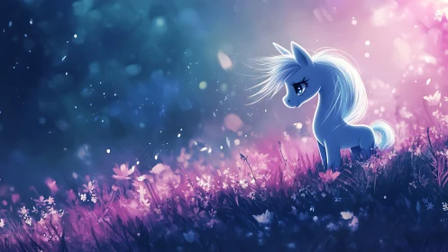 Bioluminescent pony silhouette in bokeh-lit twilight meadow field