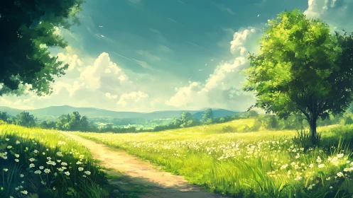 Sunlit meadow path hums softly beneath drifting clouds