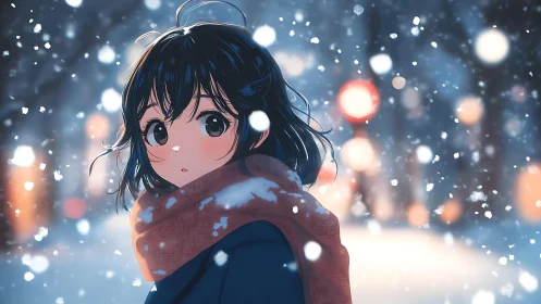 Young figure in winter street under falling snow at night.