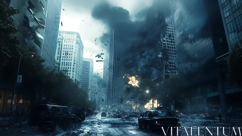 Urban street corridor shows structural failure and fire spread