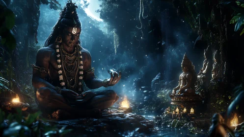 Midnight forest deity cradles starlight beside sacred river