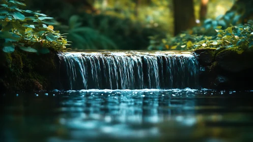 Calm forest stream waterfall with close flowing water detail.