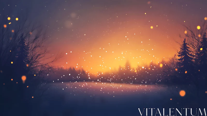 Snowlit ember sky over whispering winter forest glow.