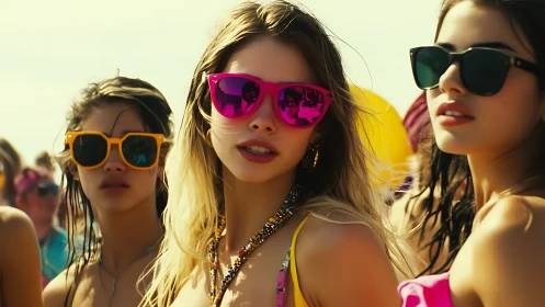 Vibrant festival portrait with reflective neon sunglasses.