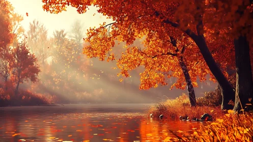 Emberleaf shoreline glows beneath a hushed autumn sunrise.