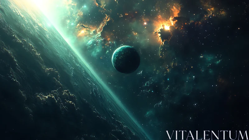 Planetary horizon with luminous nebula and teal atmosphere.