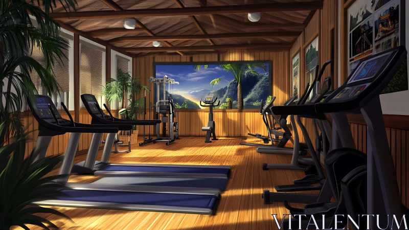 Sunlit tropical gym sanctuary framed by mountain views.