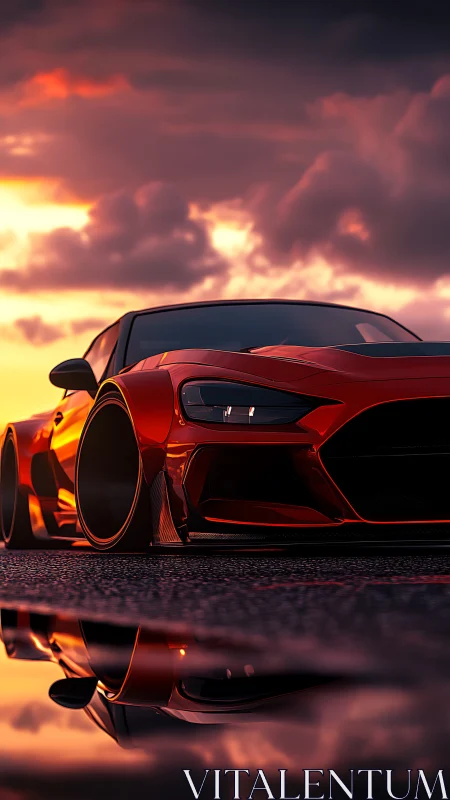 Aerodynamic widebody coupe under volumetric sunset sky.
