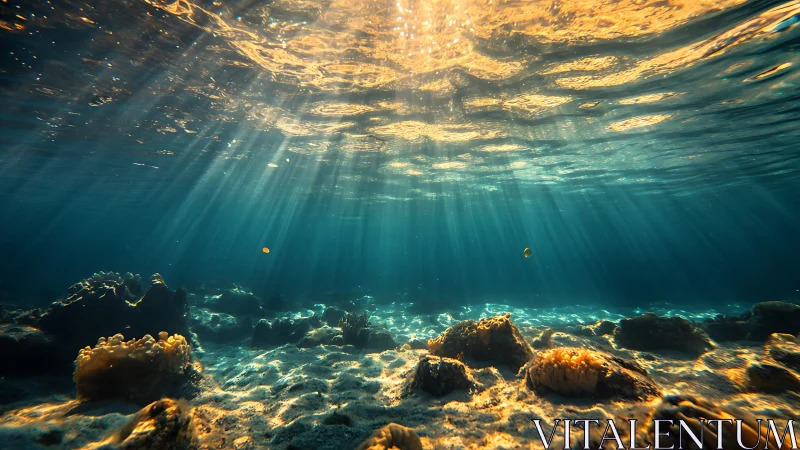 Sunlit shallow seabed with coral formations and clear water.