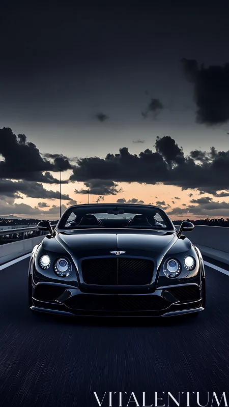 Photorealistic frontal supercar study on dusk highway.