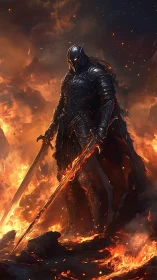 Ember crowned warlord striding through a shattered inferno.