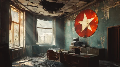 Derelict office interior with star emblem on damaged wall.