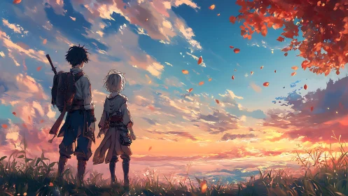 Anime landscape tableau with adventurers at sunset horizon.