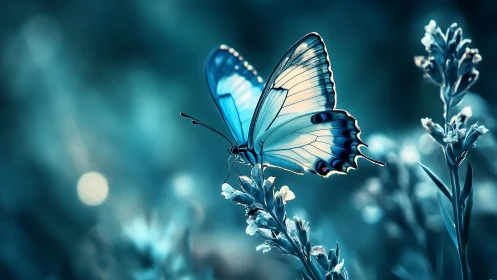Iridescent blue butterfly poised in ethereal bokeh garden.