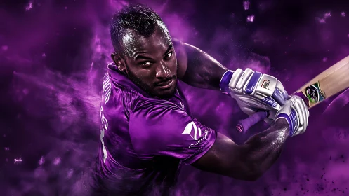 Cricketer in purple kit swings bat through dense purple haze