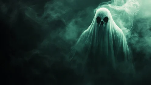 Ghostly hooded skull figure emerges within dense green fog