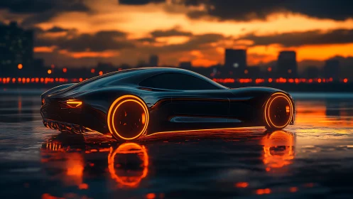 Futuristic neon city car glowing against a warm sunset.