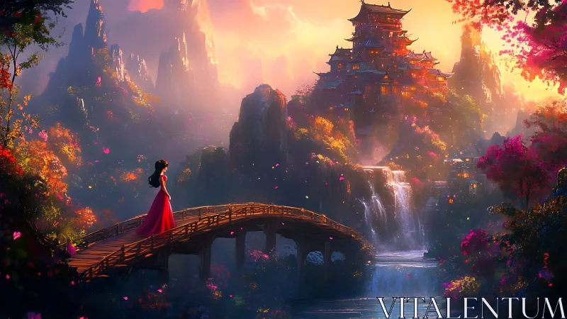 Scarlet dreamer crossing a sunlit bridge to cascade palace.