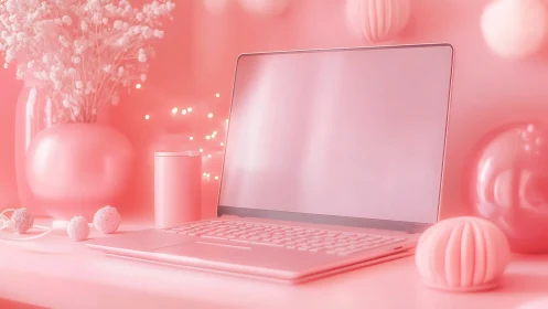 Monochrome pink workspace with laptop and decorative objects.