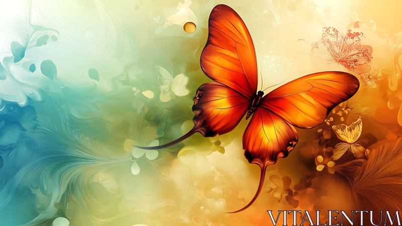 Orange butterfly over teal and gold abstract field.