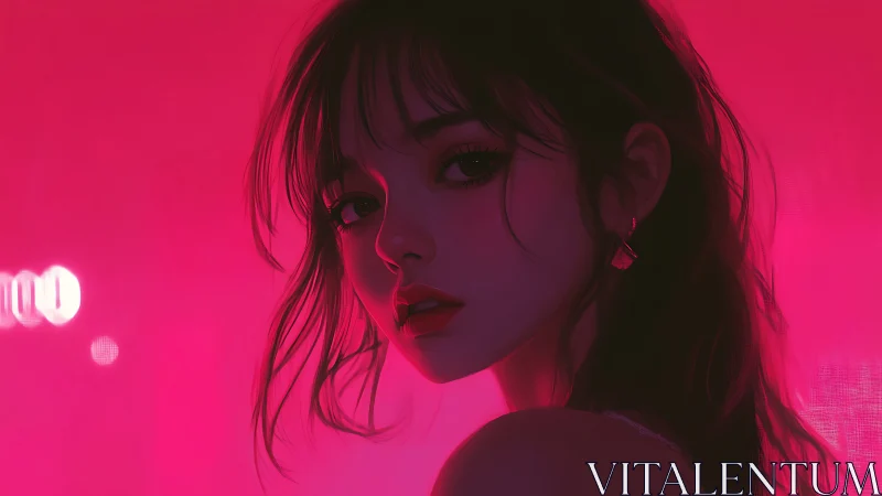Neon pink glow surrounds a pensive girl in soft focus
