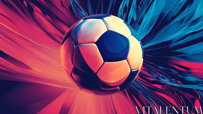 Soccer ball glows within dual-color abstract energy field.