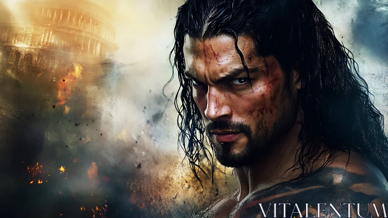 Battle-scarred warrior glares amid a burning ruined city