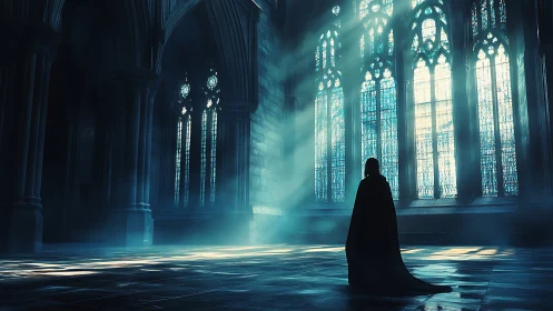 Backlit cloaked figure in volumetric light of vast gothic nave
