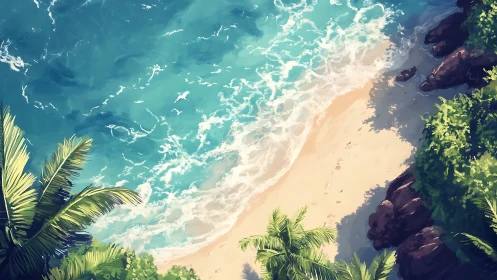 Aerial Coastal Landscape with Beach, Ocean Waves, and Tropical Vegetation