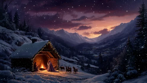 Snowy mountain nativity by firelit cabin at dusk.