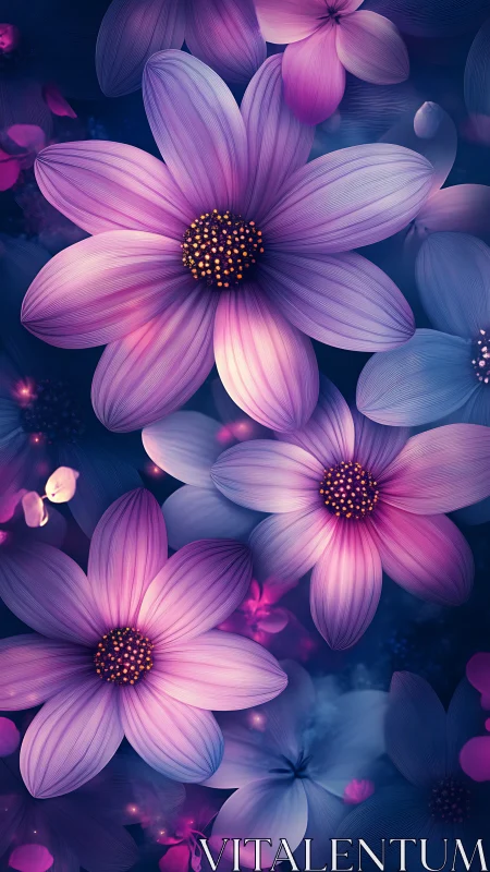 Digital rendering displays purple flowers with golden stamens against dark blue background