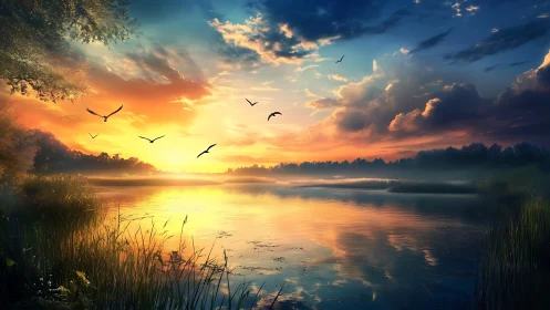 Sunrise ignites misty lake horizon under soaring birds