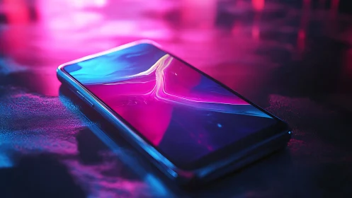 Neon-lit smartphone resting in a dreamy glow of color and light.
