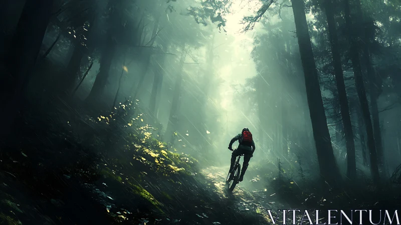 Mountain cyclist navigates misty forest trail beneath towering timber canopy.