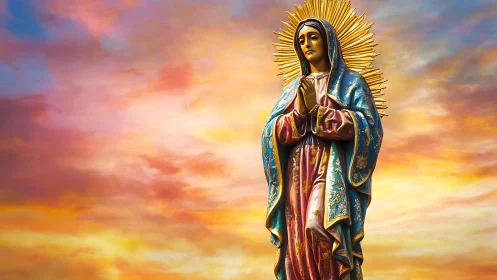 Religious statue of robed woman before vivid sunset sky.