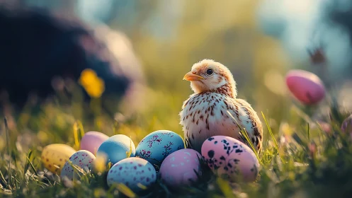 Small bird among decorated eggs in sunlit grass field.